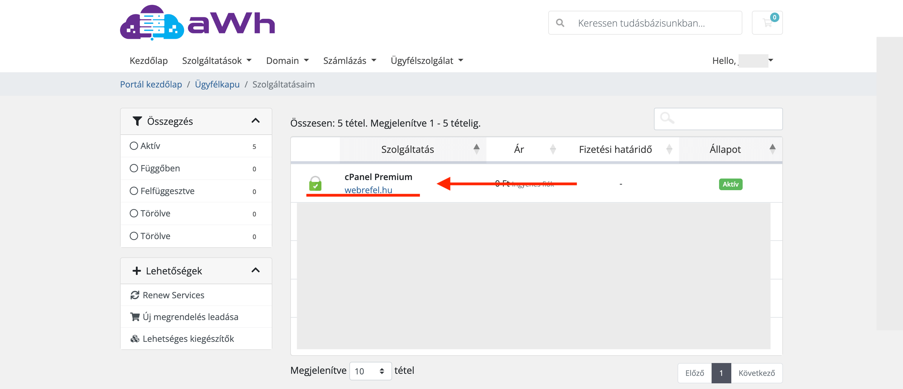 Ügyfélportál: szolgáltatások listája