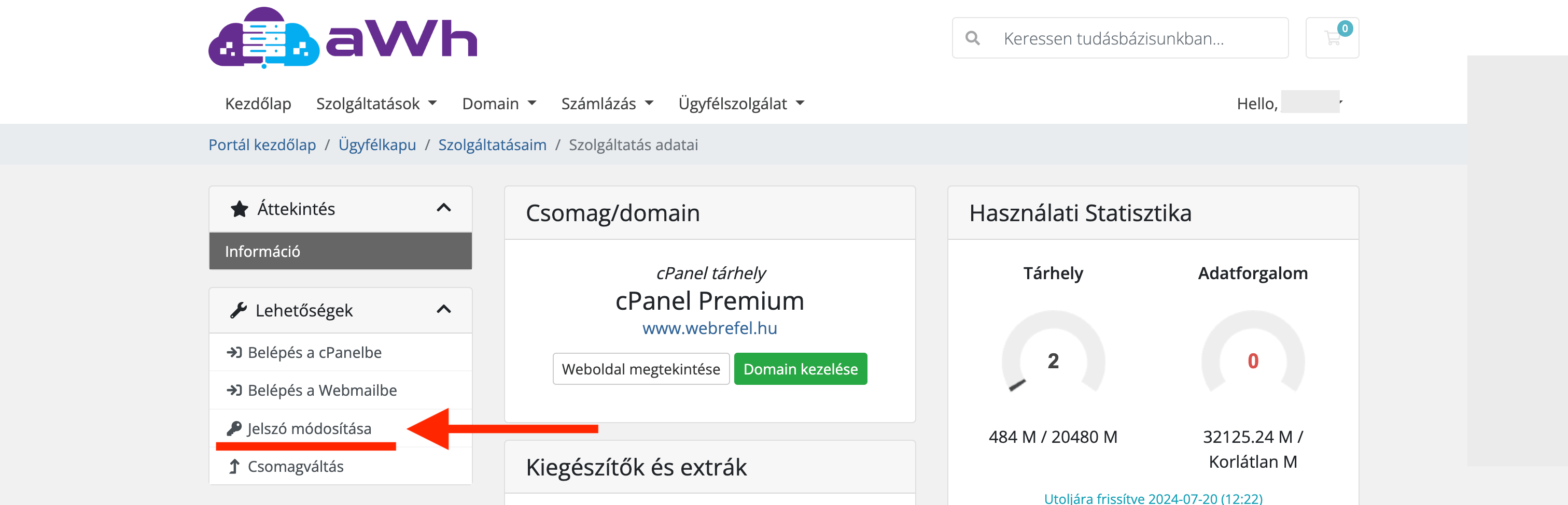 Tárhely szolgáltatás oldala: Jelszó változtatása menüpont