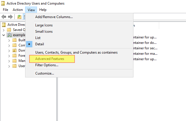 Active Directory: Advanced Features bekapcsolása a View menüben