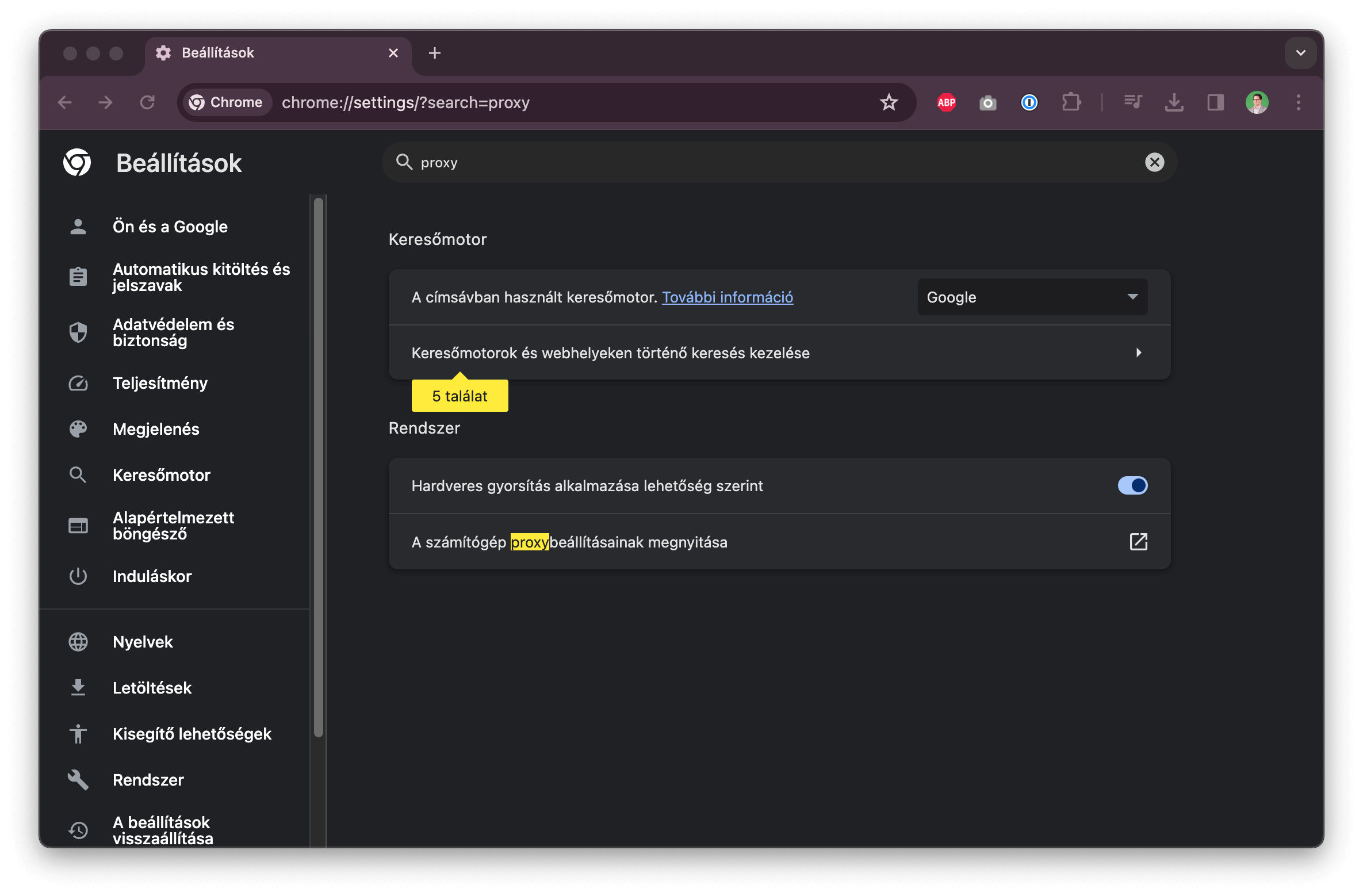 Chrome beállítások: proxy keresése