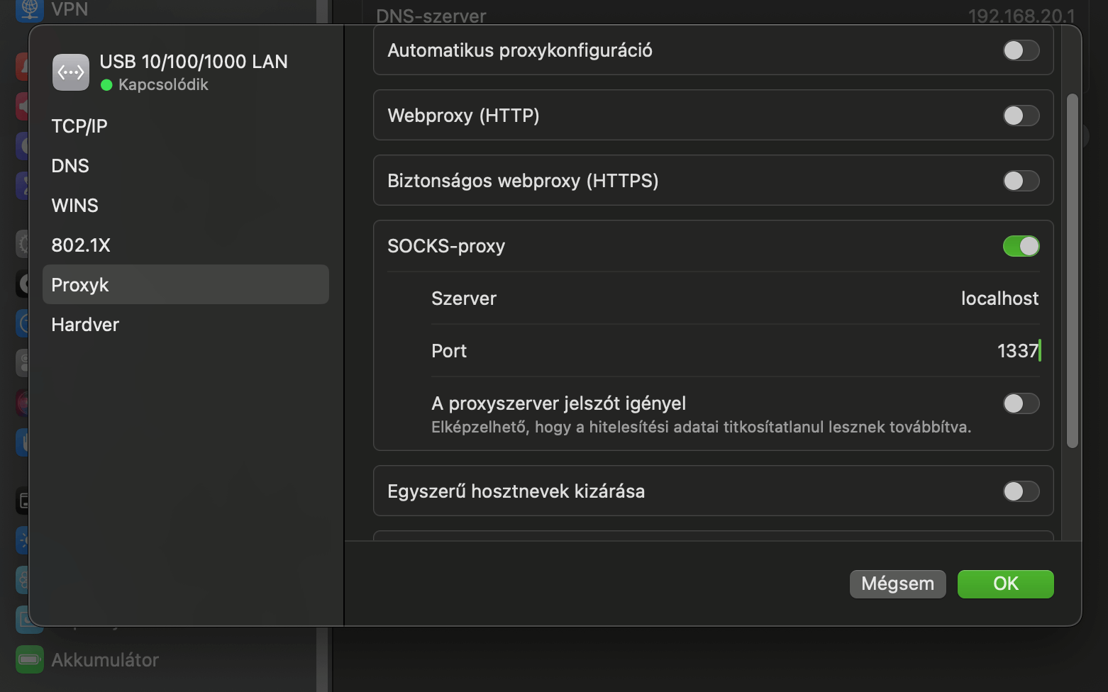 Rendszer proxy beállítások: SOCKS proxy az 1337-es porton