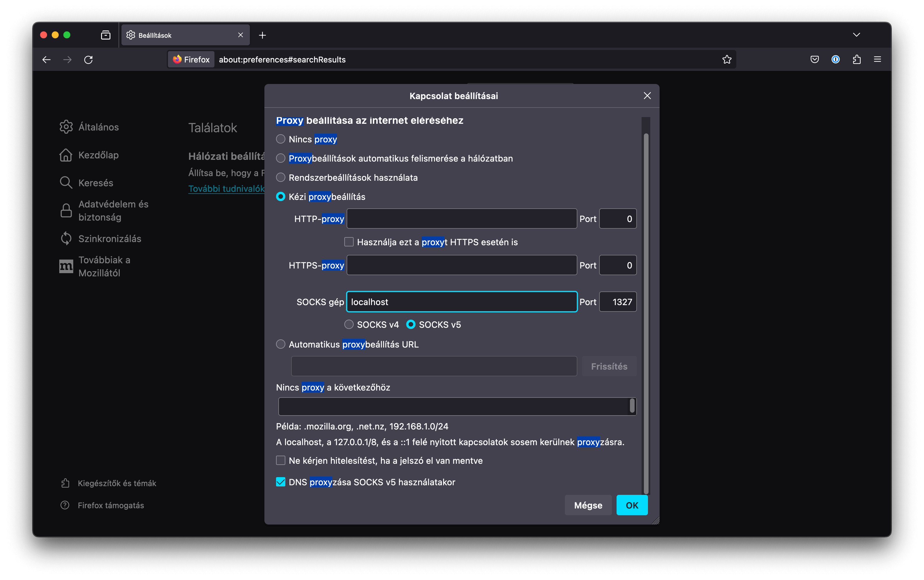 Firefox: kézi SOCKS proxy beállítás