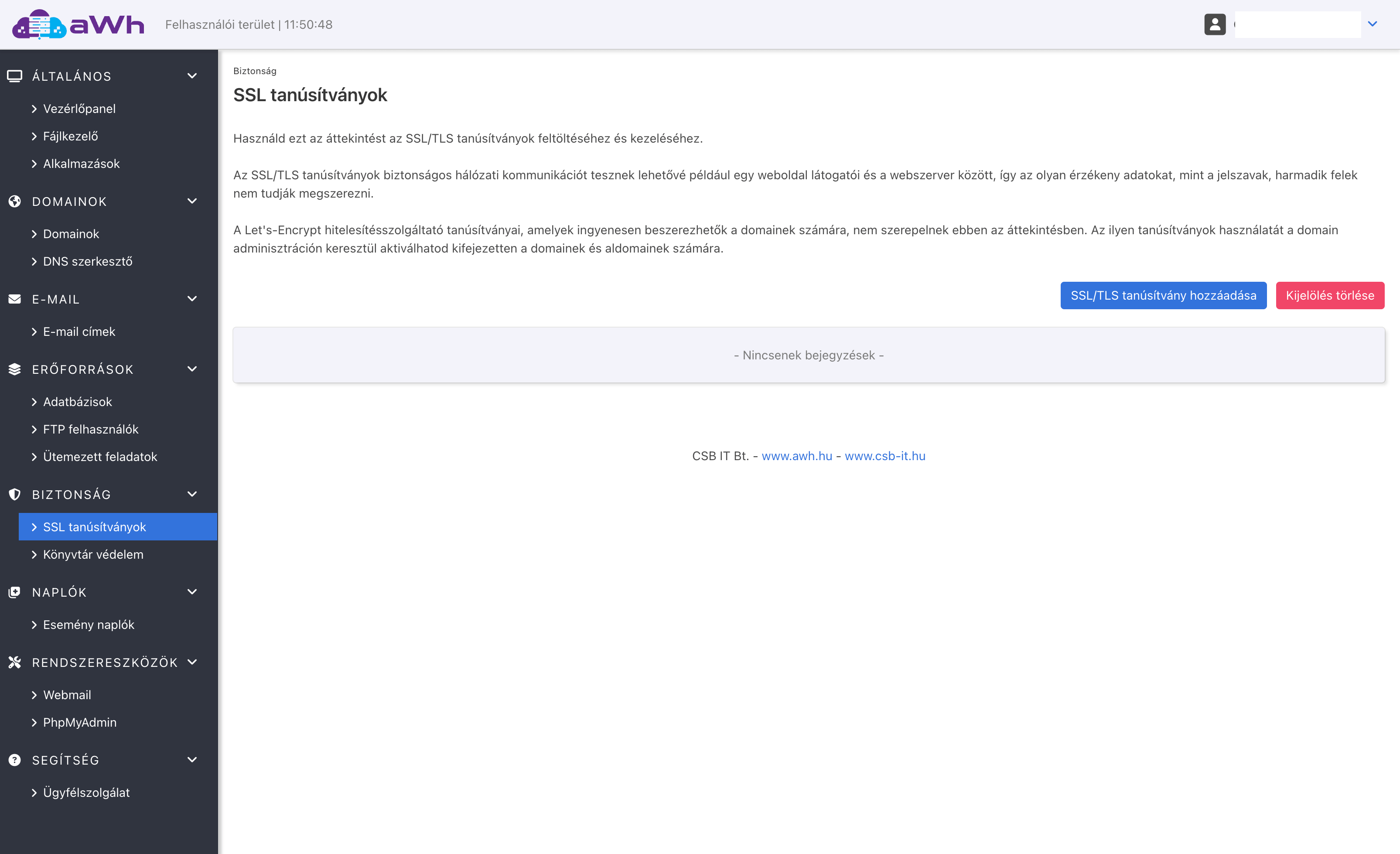 Webtárhely kezelőfelület: SSL tanúsítványok menüpont