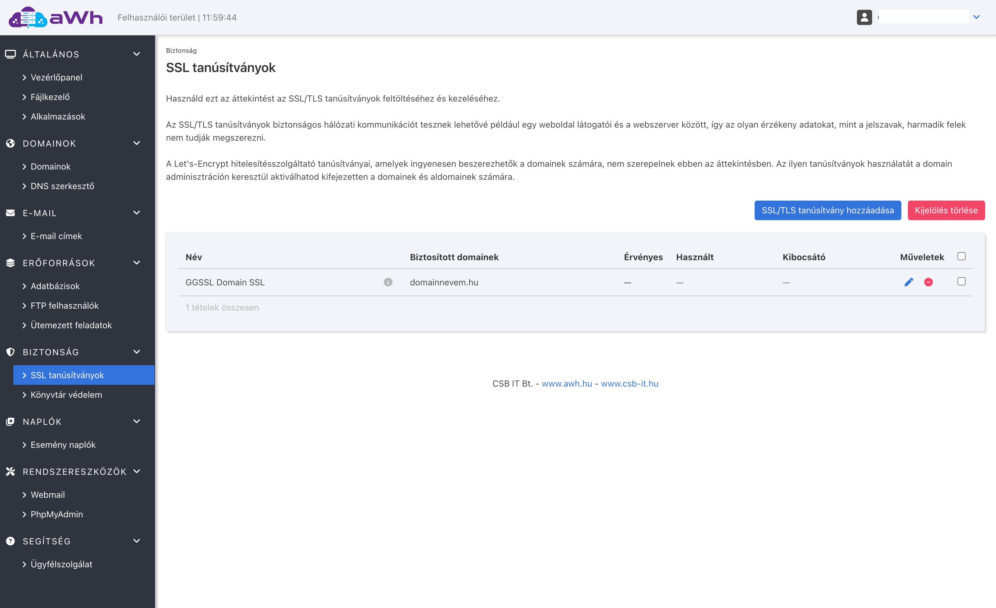 A kiállított SSL tanúsítvány feltöltése