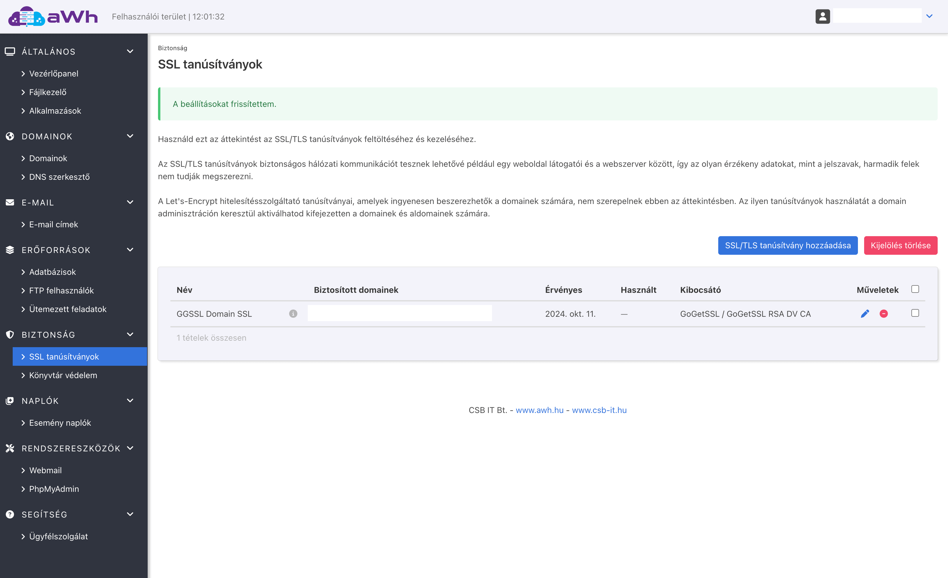 SSL tanúsítványok listája lejárati idővel és domain nevekkel