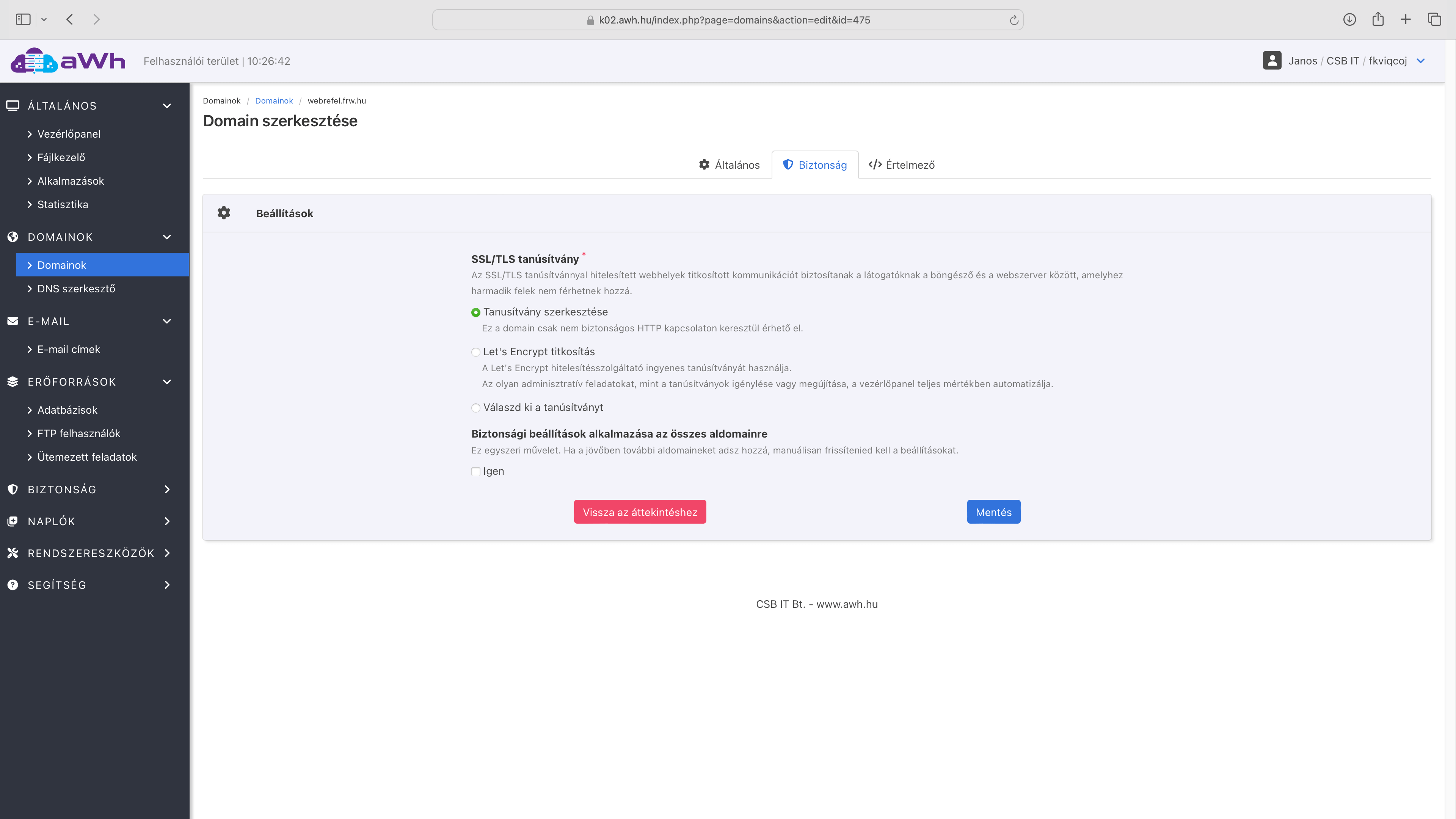 Domain beállításai: Biztonság fül